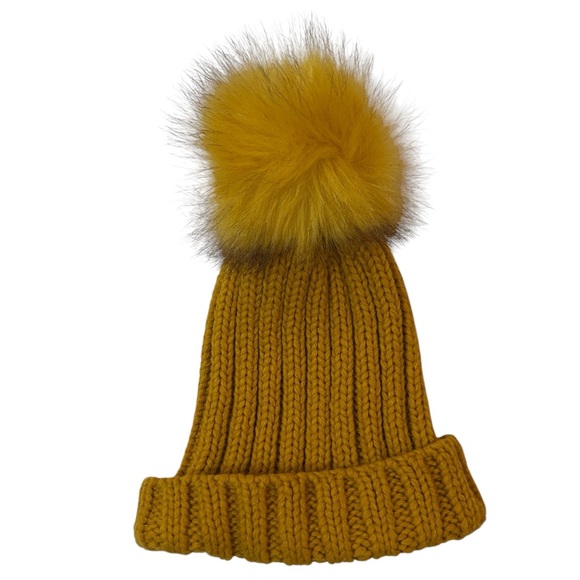 Mustard Yellow Knit Beanie with Faux Fur Pom Chunky Ribbed Winter Hat - Picture 2 of 6